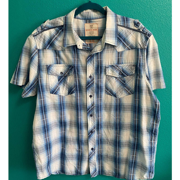 Vintage Route 66 Blue Plaid Short Sleeve Button Down Shirt Men's XL - Picture 4 of 10